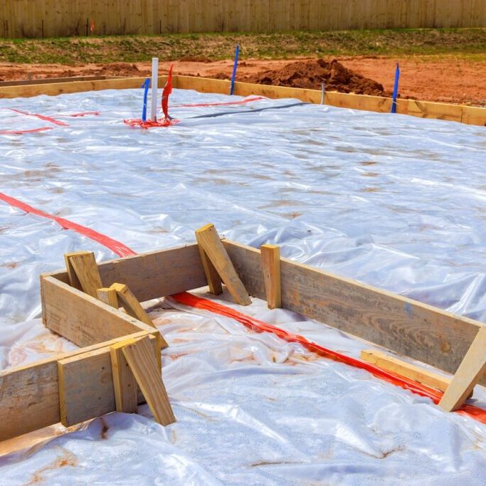 Ground is covered with waterproofing membrane before foundation is poured